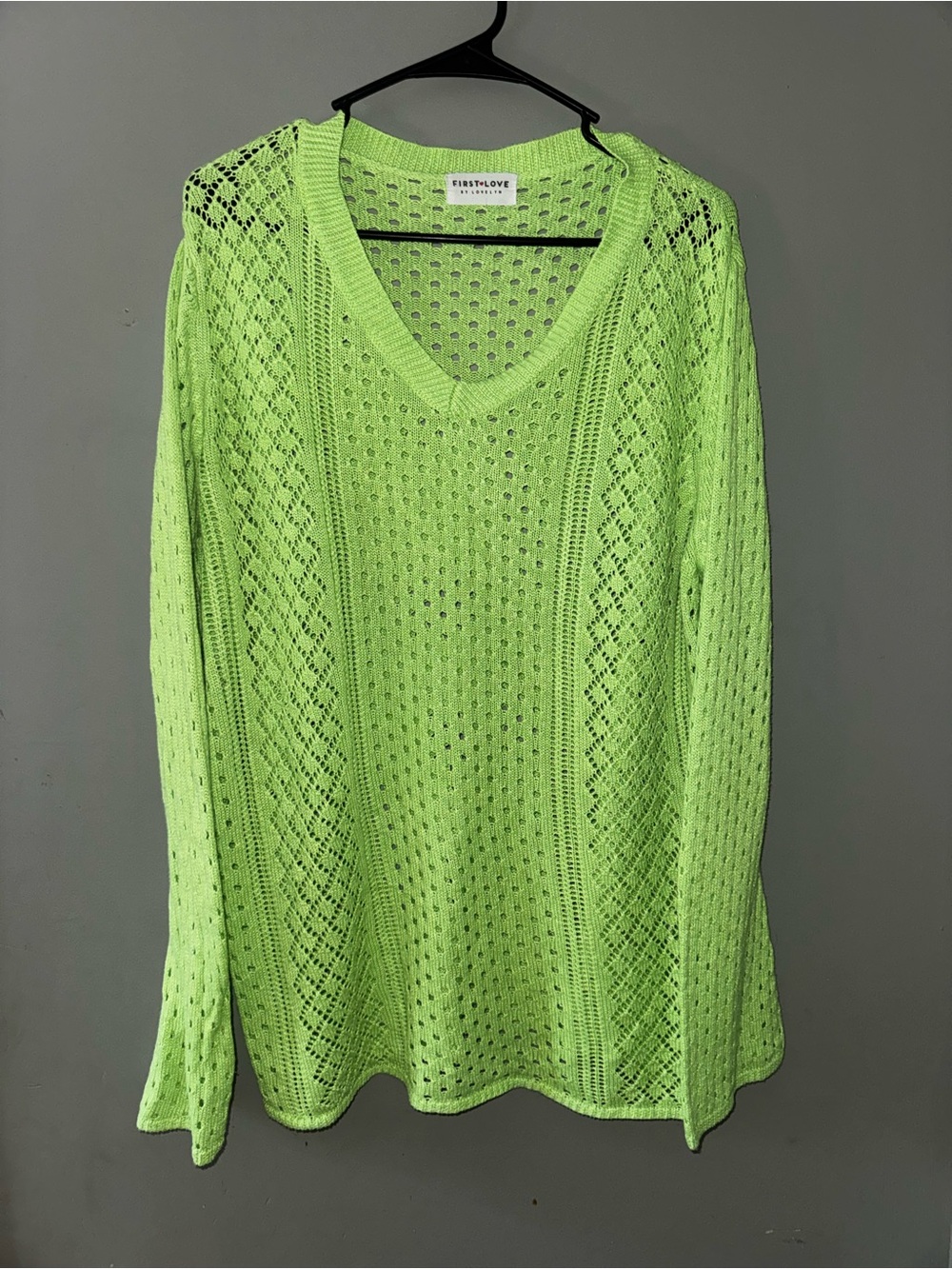 First Love Neon Lime Openwork V-Neck Sweater